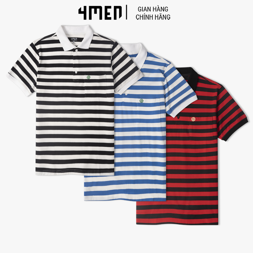 Áo Polo Nam 4MEN PO038 hình thêu, phối sọc ngang, form regular suông, vải cotton mềm mịn, thấm mồ hôi, thoáng mát