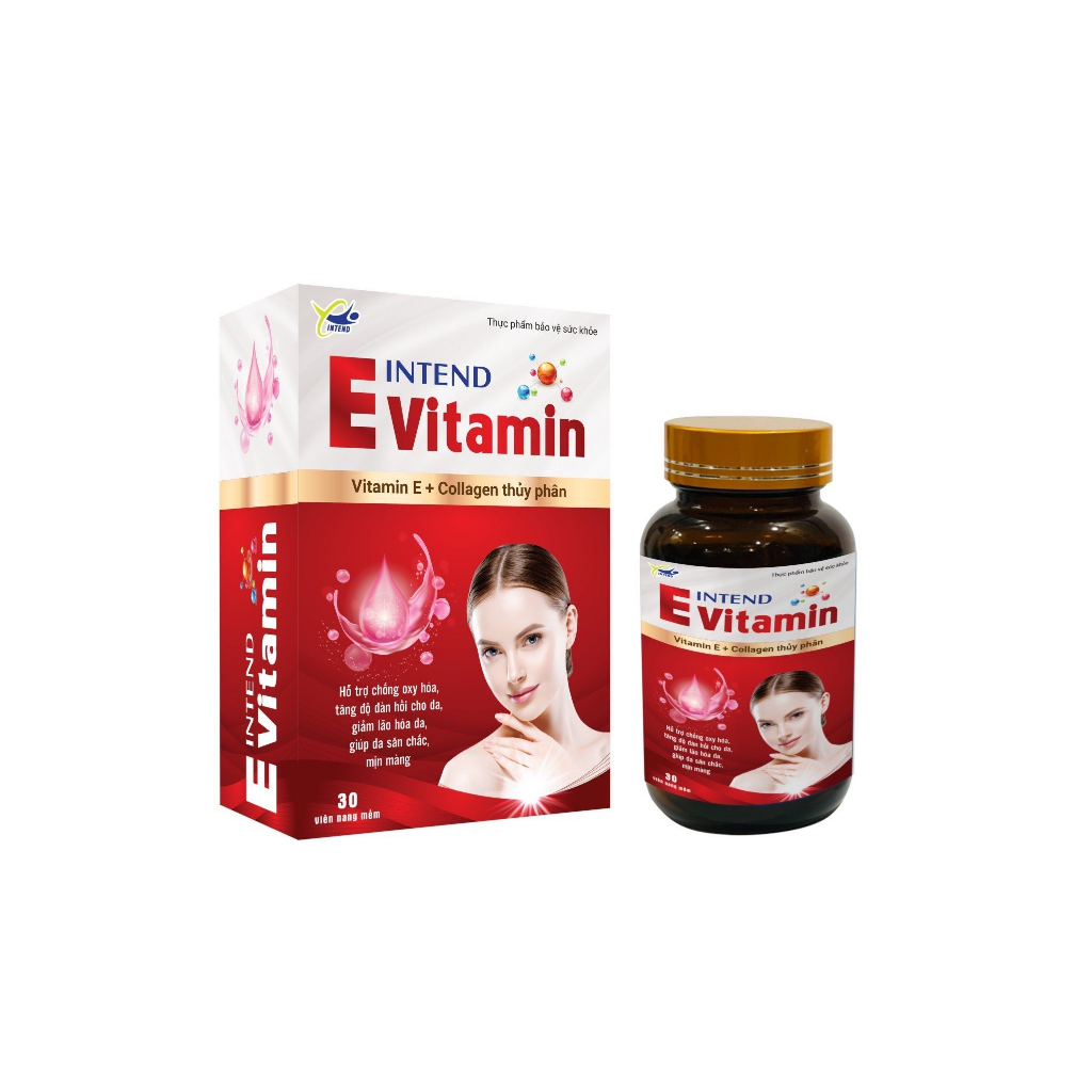 Vitamin E Intend chứa 200IU Vitamin E và 500mg Collagen thuỷ phân - bộ đôi hoàn hảo chống lão hoá da