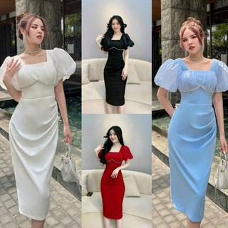 Đầm body tay phồng xếp ly đính đá ngực cao cấp-TKO TẶNG KÈM HOA TAI THỜI TRANG
