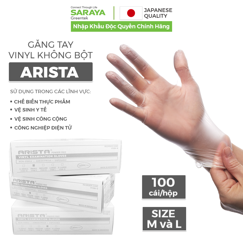 Găng tay Saraya Vinyl Không Bột Arista dùng trong thực phẩm, vệ sinh, y tế, công nghiệp điện tử - 100 Chiếc/Hộp