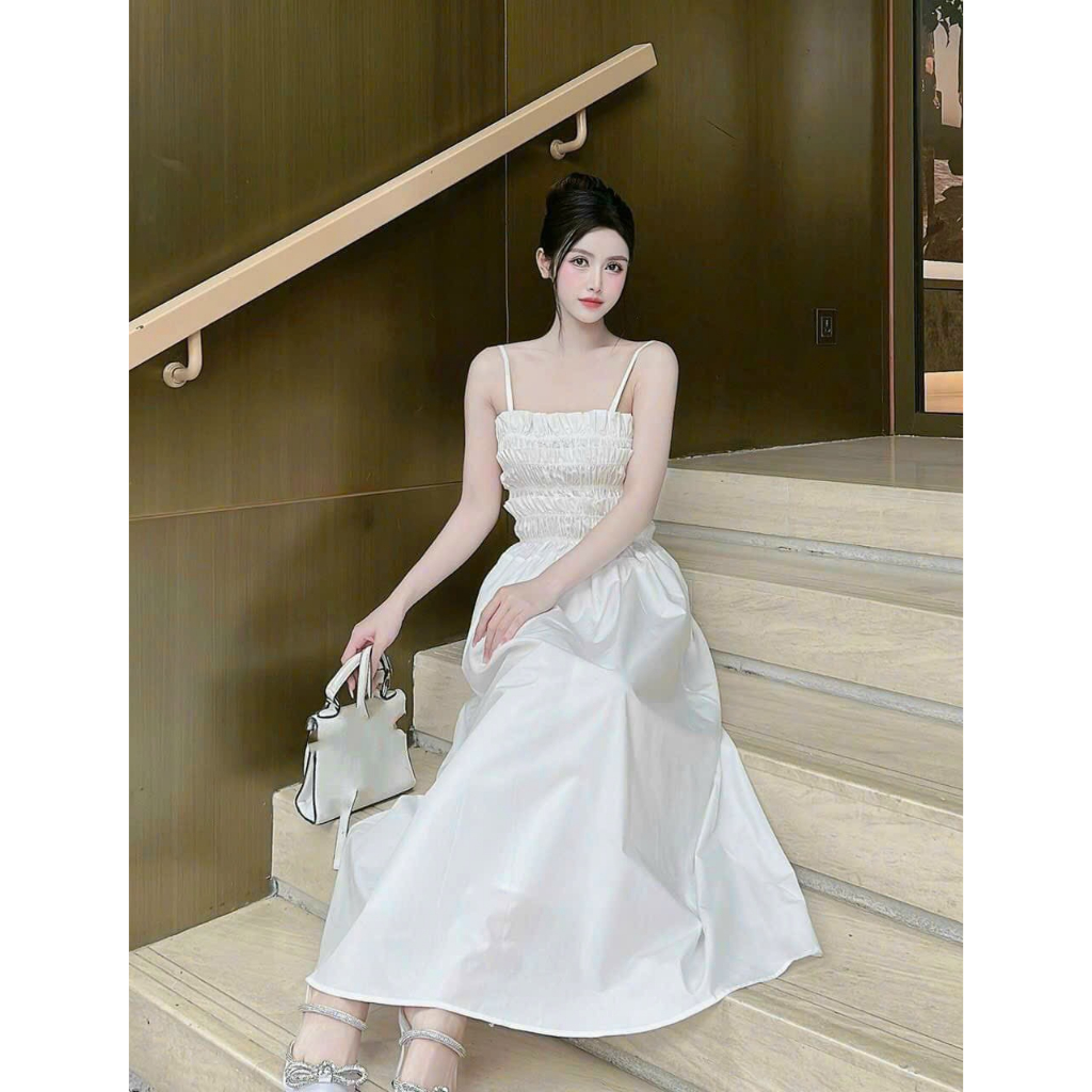 Đầm xòe hai dây mocking buộc nơ lưng