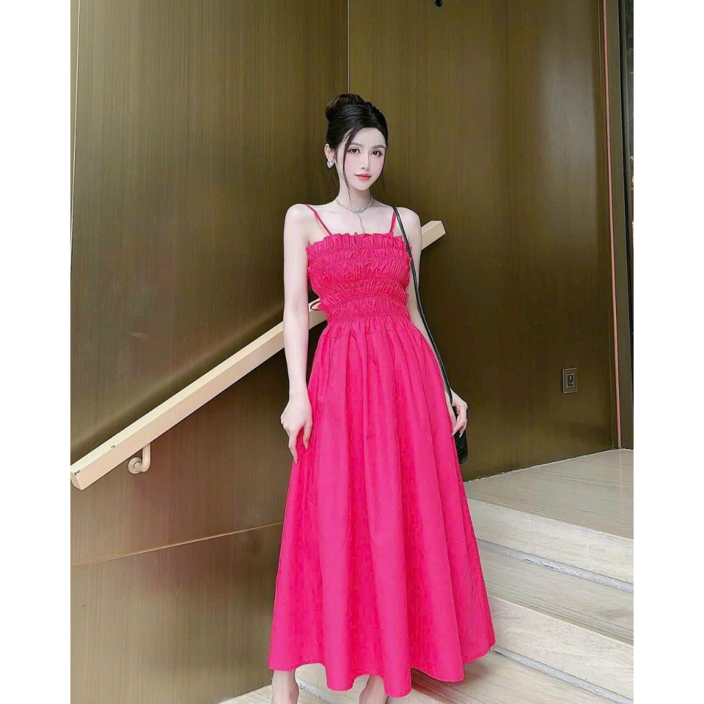 Đầm xòe hai dây mocking buộc nơ lưng