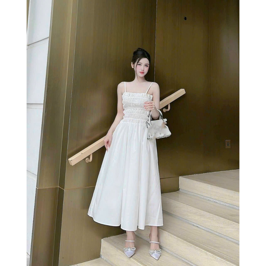 Đầm xòe hai dây mocking buộc nơ lưng