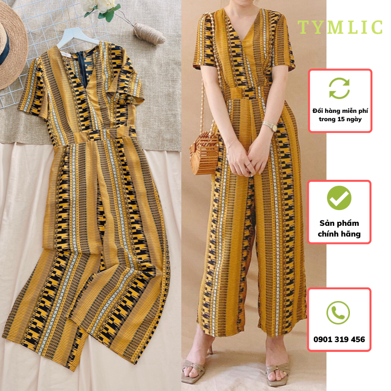 Jumpsuit Ngắn Tay Cổ V Quần Ống Rộng Họa Tiết Vàng Đen TYMLIC