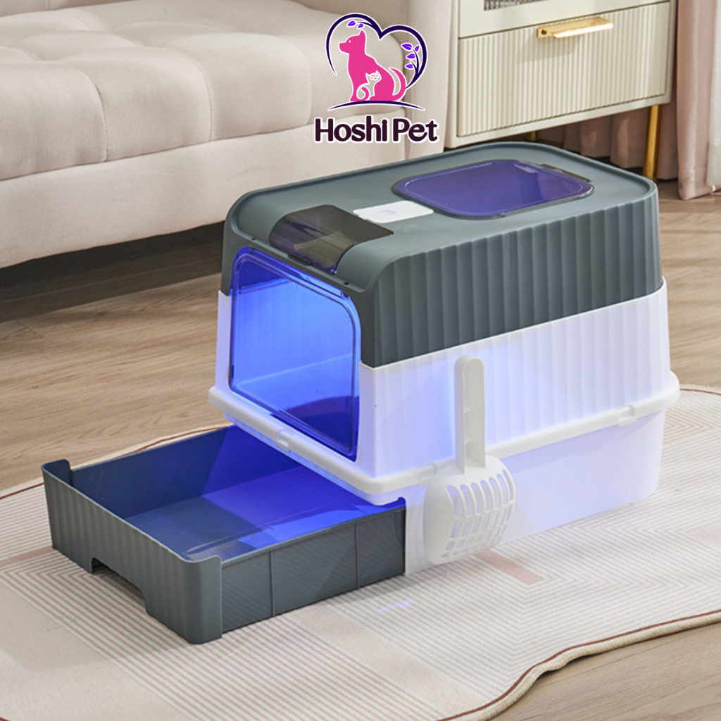 Nhà vệ sinh cho mèo 2 cửa hình vuông có đen tia cực tím UV khử khuẩn Hoshi Pet NV06