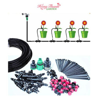 Hệ thống tưới nhỏ giọt cho cây, dây 20m, 20 đầu cắm phun 8 tia cho 20 cây kèm phụ kiện lắp từ vòi nước Hồng Thanh Garden