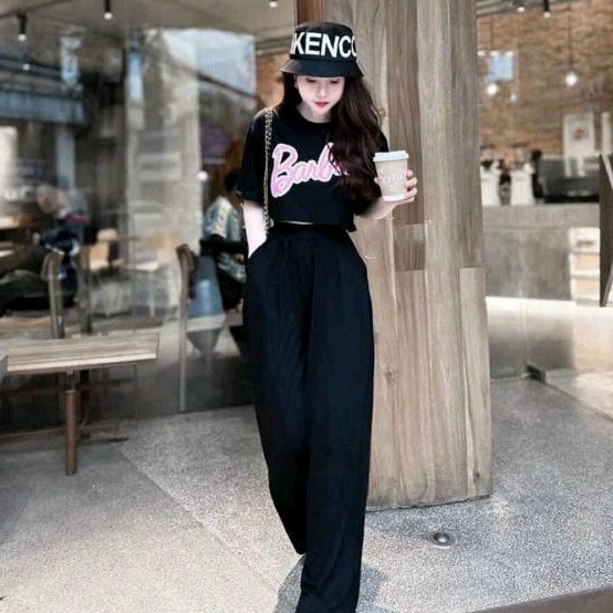 Sét bộ áo thun tay ngắn croptop in chữ Babi & quần thun dài chất thun gân dầy đẹp(B.C)