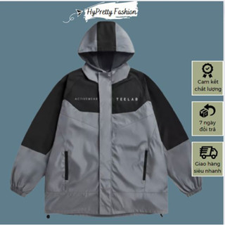 Áo gió nam TEELAB có mũ form rộng, áo khoác dù 2 lớp cao cấp phối đen xám HYPRETTY 01