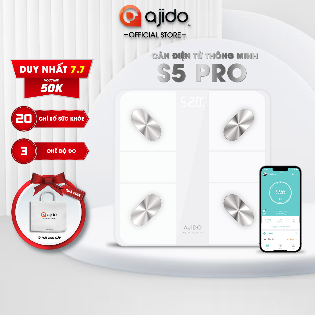 Cân Điện Tử Thông Minh AJIDO S5 PRO Kết Nối Bluetooth Với App Theo Dõi Sức Khỏe Sức Khoẻ, Phân Tích 20 Chỉ Số Cơ Thể