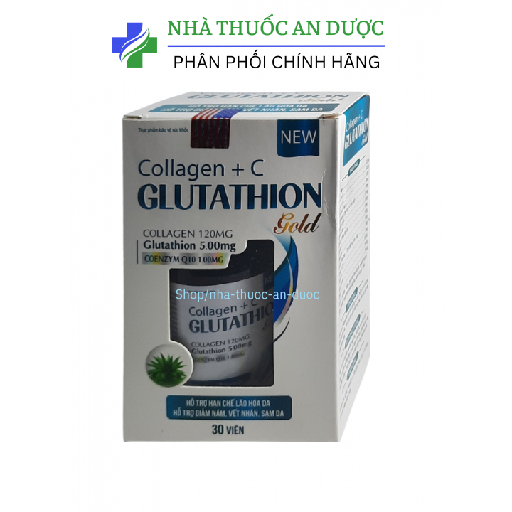 Viên uống trắng da, giảm lão hóa , chống nám tàn nhang Collagen Glutathion hộp trắng 30 viên-500mg