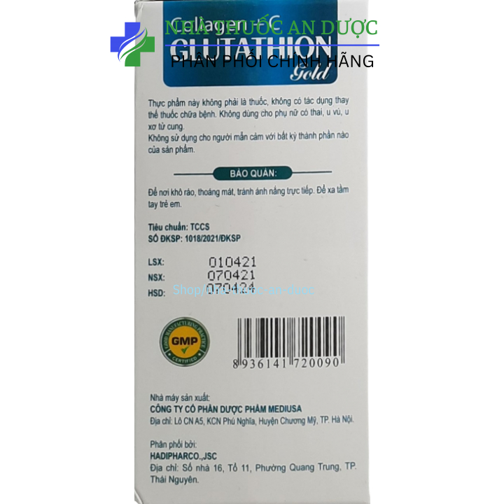 Viên uống trắng da, giảm lão hóa , chống nám tàn nhang Collagen Glutathion hộp trắng 30 viên-500mg