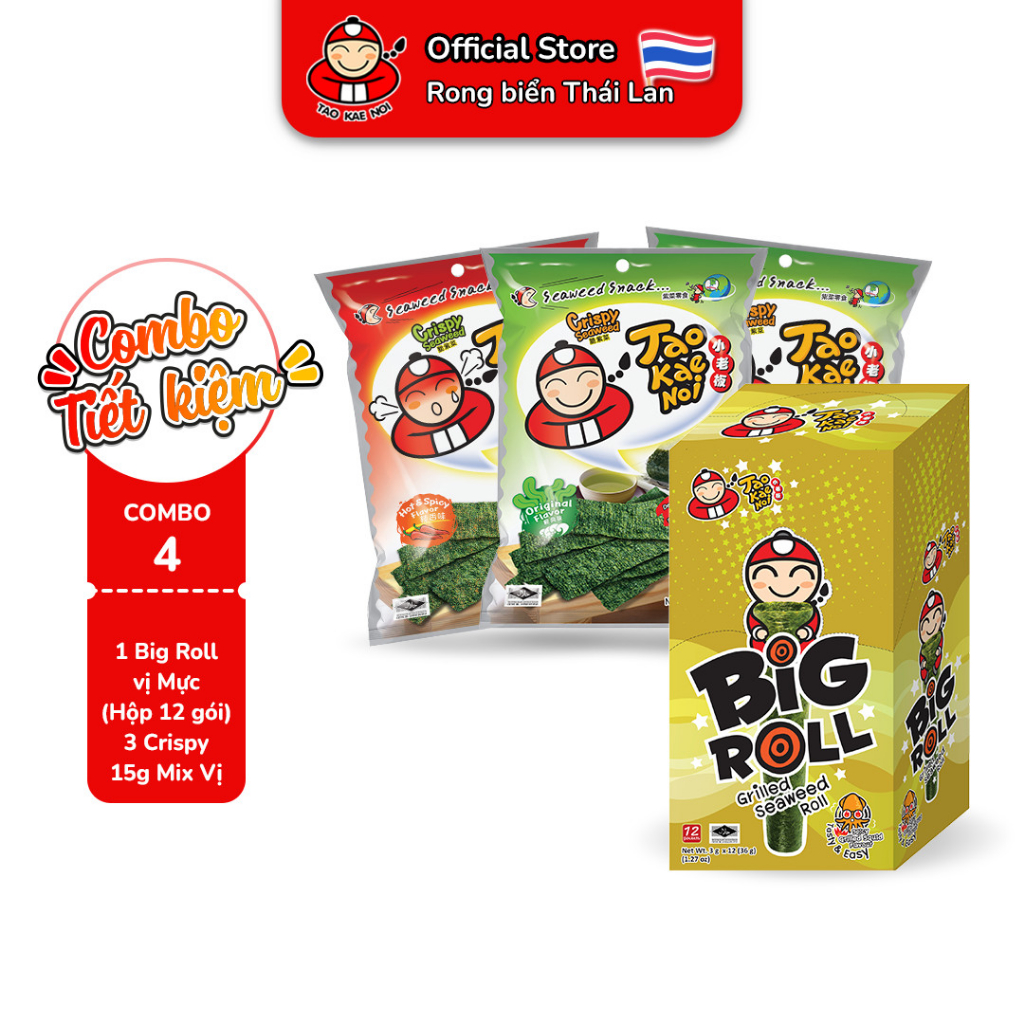 [COMBO 4 MÓN] Rong biển TaoKaeNoi Big Roll Mực (12 gói) và Crispy Seaweed 15g (2 Truyền Thống, 1 Cay)