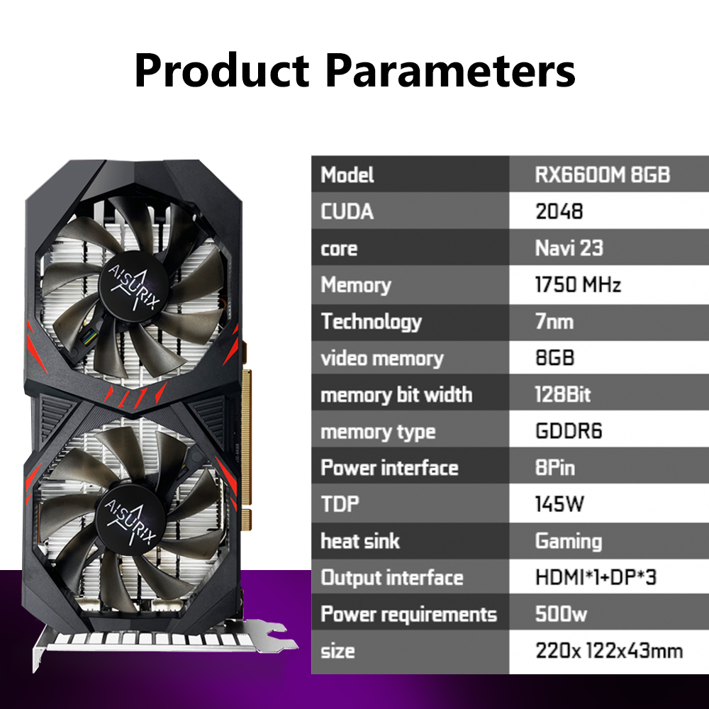 AISURIX Card màn hình VGA RX6600M 8GB GPU Gaming