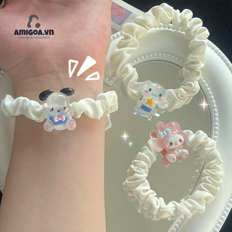 Scrunchies/ Cột Tóc/ Buộc Tóc Kèm Charm Gấu Dâu Sanrio Hoạt Hình Xinh Xắn Cinnamoroll Kuromi Pompompurin