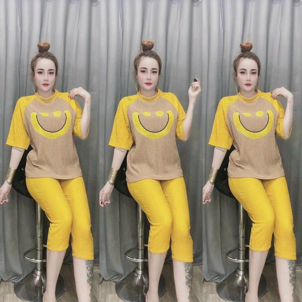 Sét bộ lửng chất xốp nhập cao cấp_Bộ nữ áo thun phố màu thêu mặt cười xinh xắn phối quần ôm đẹp
