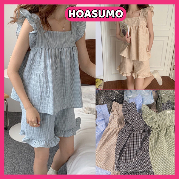 Bộ đùi mặc nhà sọc cổ vuông bèo tay cánh tiên chất xốp thoáng mát mặc mùa hè mã SB797 HOASUMO