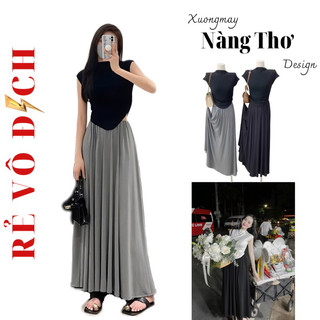 S775 Bán Nguyên Set áo dúm eo mix chân váy dài xòe chất cotton lạnh có giãn thoáng mát
