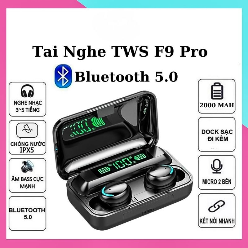 Tai Nghe F9 Pro Bluetooth 5.0 Không Dây Cảm Biến Vân Tay, Kiêm Sạc Dự Phòng
