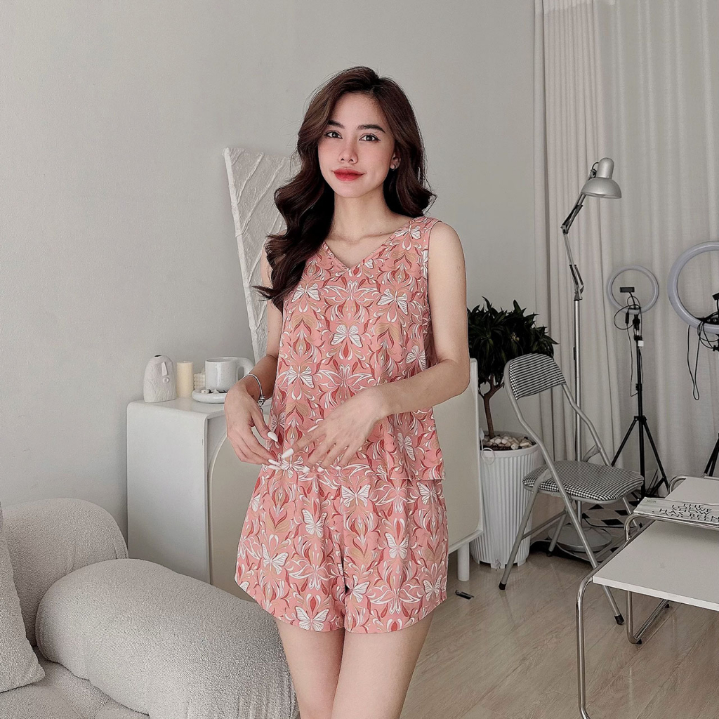 Đồ bộ nữ sát nách thun cotton su họa tiết vintage mặc mát mùa hè