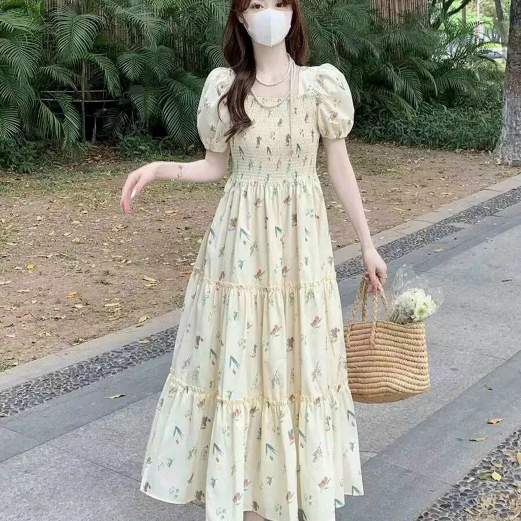 Maxi xốp hoa mocking tay phồng xinh xắn