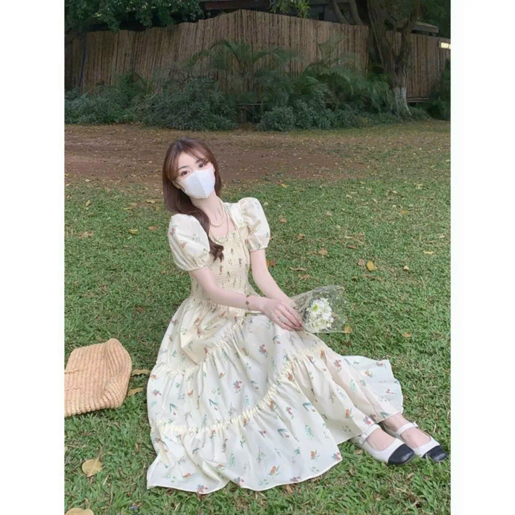 Maxi xốp hoa mocking tay phồng xinh xắn