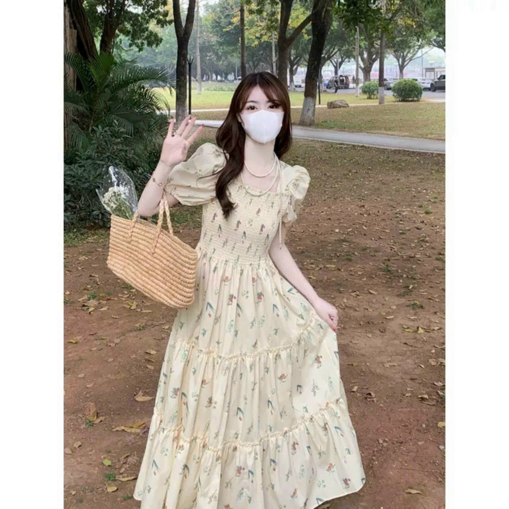 Maxi xốp hoa mocking tay phồng xinh xắn