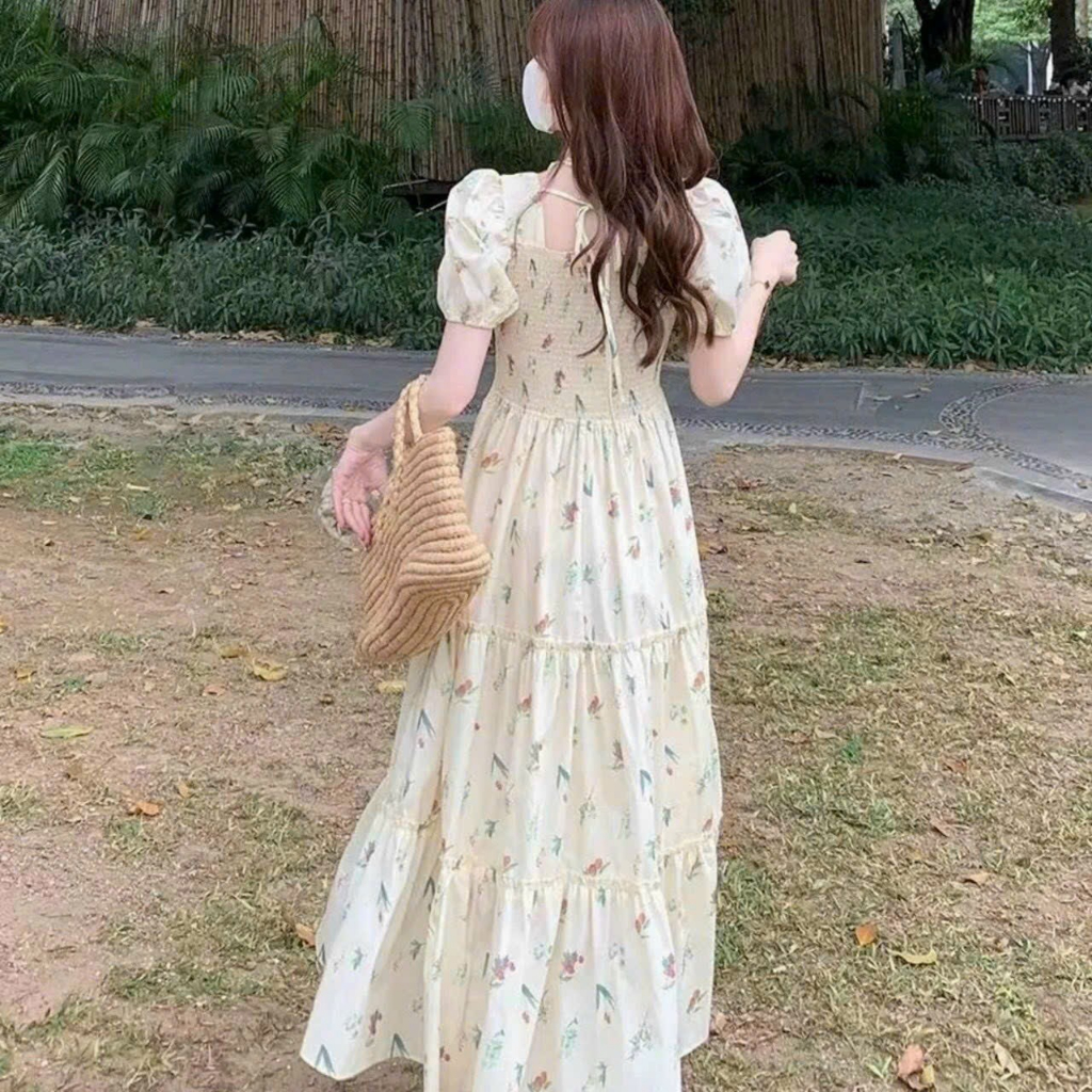 Maxi xốp hoa mocking tay phồng xinh xắn