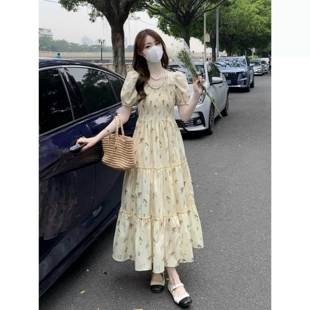 Maxi xốp hoa mocking tay phồng xinh xắn