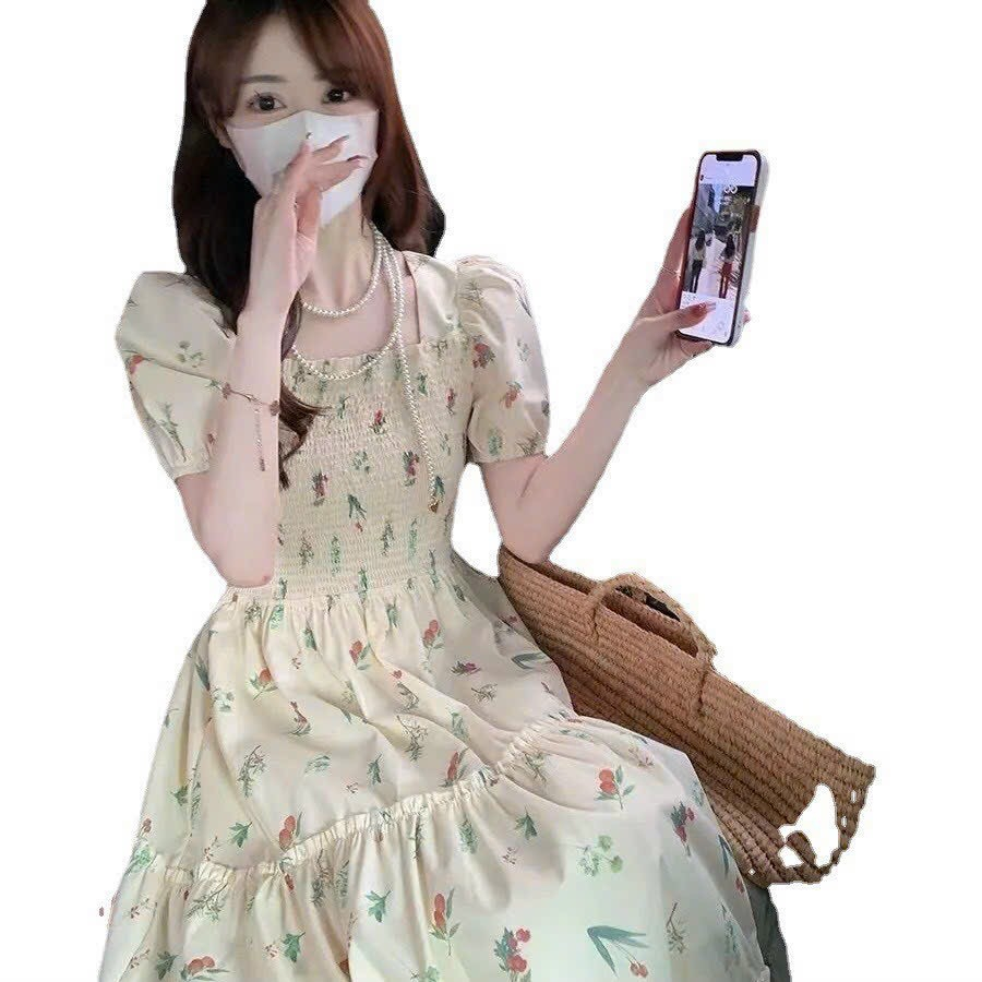 Maxi xốp hoa mocking tay phồng xinh xắn