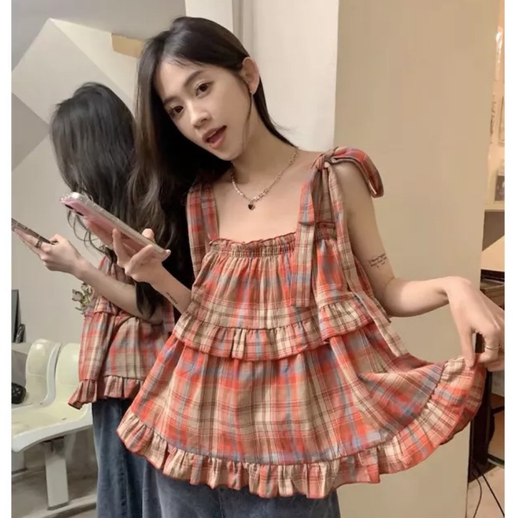 Áo 2 dây kẻ có dây buộc dáng babydool phong cách Hàn Quốc cute THUUNISEX M907