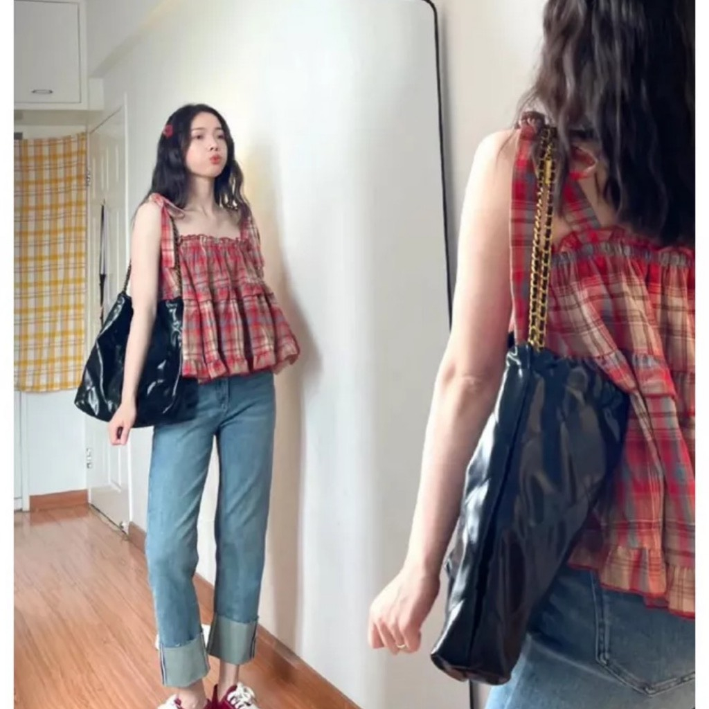 Áo 2 dây kẻ có dây buộc dáng babydool phong cách Hàn Quốc cute THUUNISEX M907