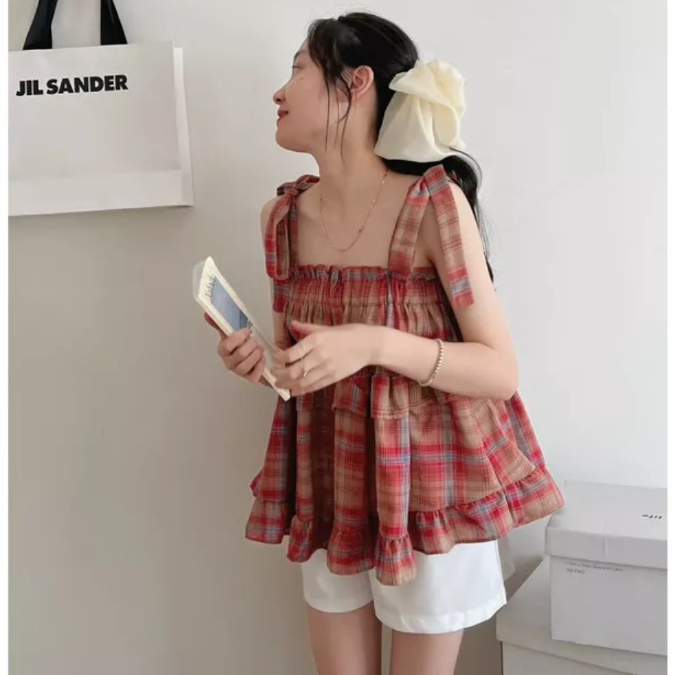 Áo 2 dây kẻ có dây buộc dáng babydool phong cách Hàn Quốc cute THUUNISEX M907