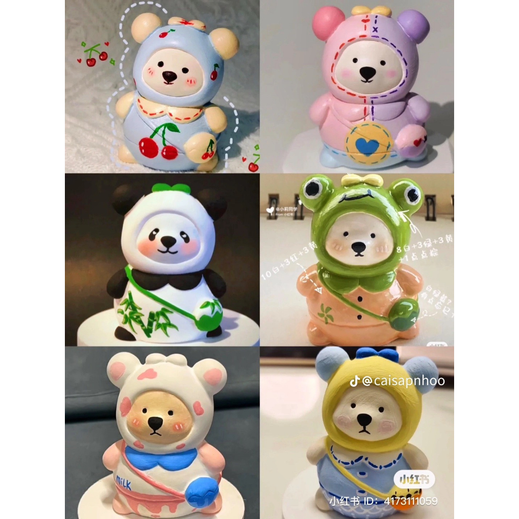 Tượng thạch cao tô màu gấu béo đeo túi chéo size lớn- Tượng tô màu cho bé tặng kèm cọ và màu vẽ acrylic