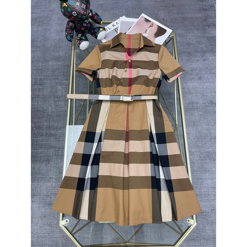 Đầm sơ mi ngắn tay phối thắt lưng kẻ caro BBR Burberry Vintage cao cấp 2023