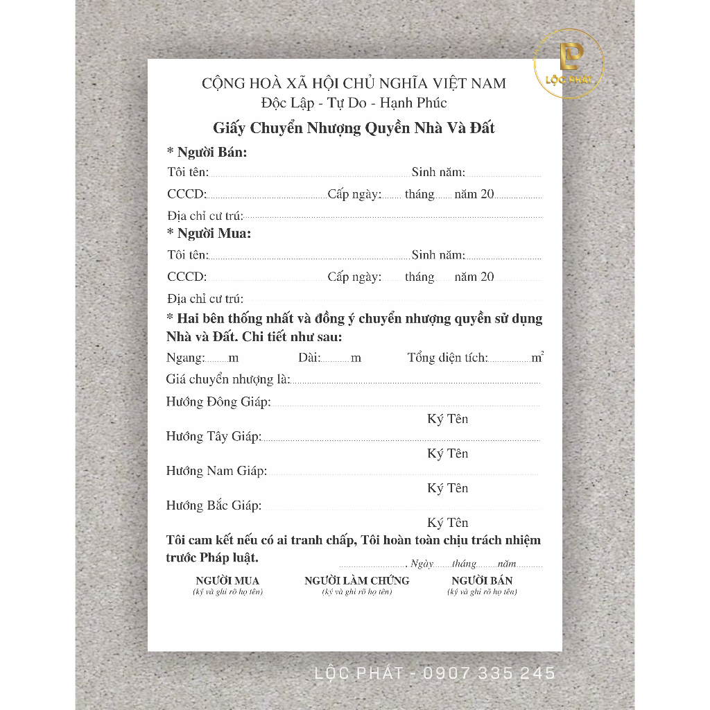 Mẫu mới 10 tờ giấy chuyển nhượng quyền sử dụng đất kích thước A4 , in 1 mặt