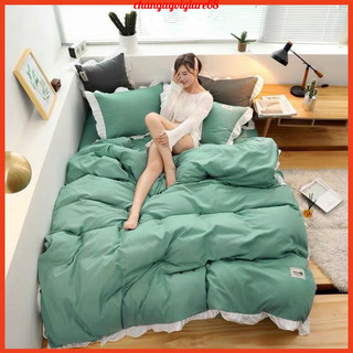 Trọn bộ 4 món cotton tici bèo, bộ vỏ chăn ga và 2 vỏ gối cotton viền bèo mềm mịn đủ kích thước