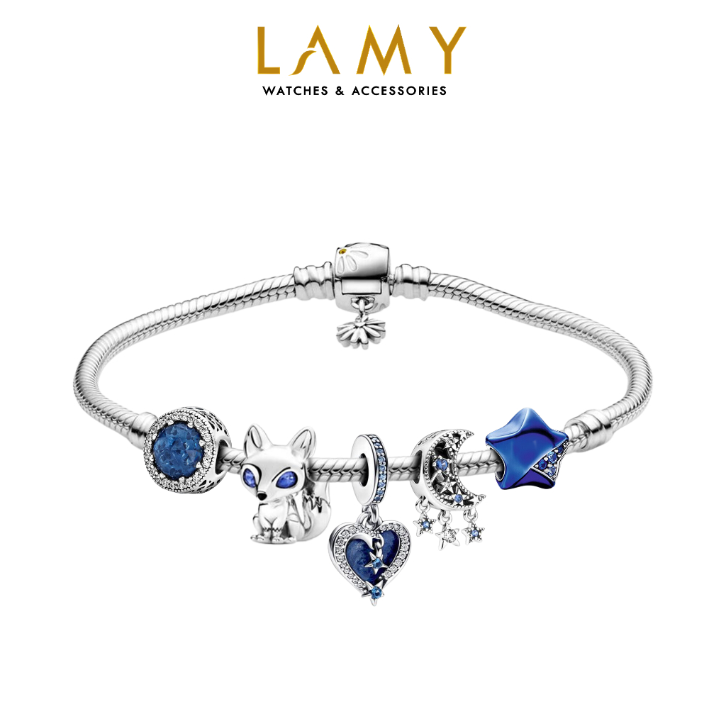 Vòng tay mềm bạc CDE với khoá hoa cúc cùng các charm ngôi sao xanh may mắn kèm charm hồ ly và charm treo trái tim