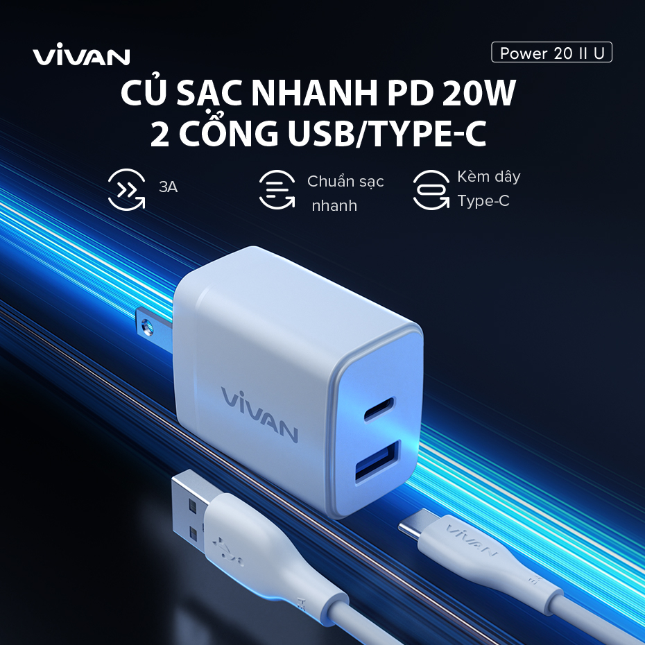 Cốc Sạc Nhanh VIVAN Power 20 II U PD 20W 3A, 2 Cổng USB/ Type-C ( Kèm cáp sạc Type-C )  - Bảo Hành 1 Năm Chính Hãng