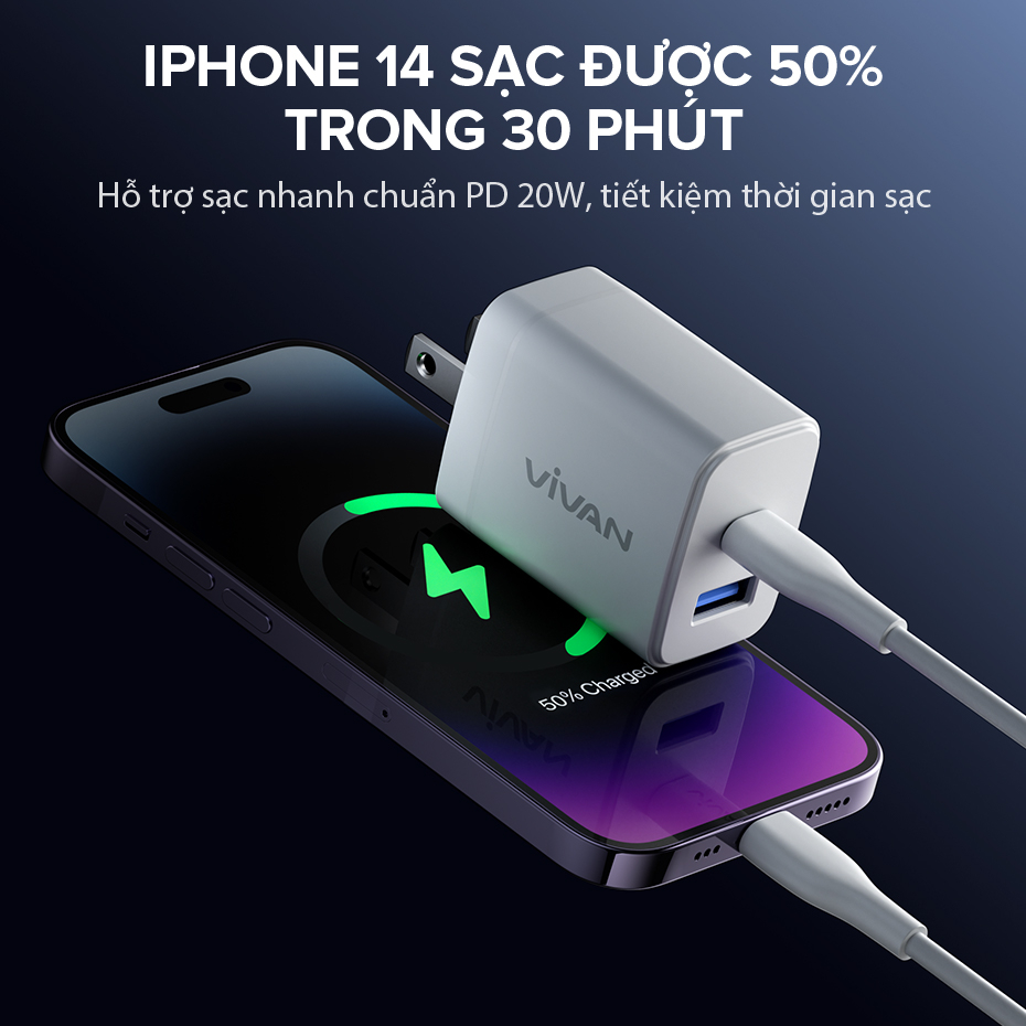 Cốc Sạc Nhanh VIVAN Power 20 II U PD 20W 3A, 2 Cổng USB/ Type-C ( Kèm cáp sạc Type-C )  - Bảo Hành 1 Năm Chính Hãng