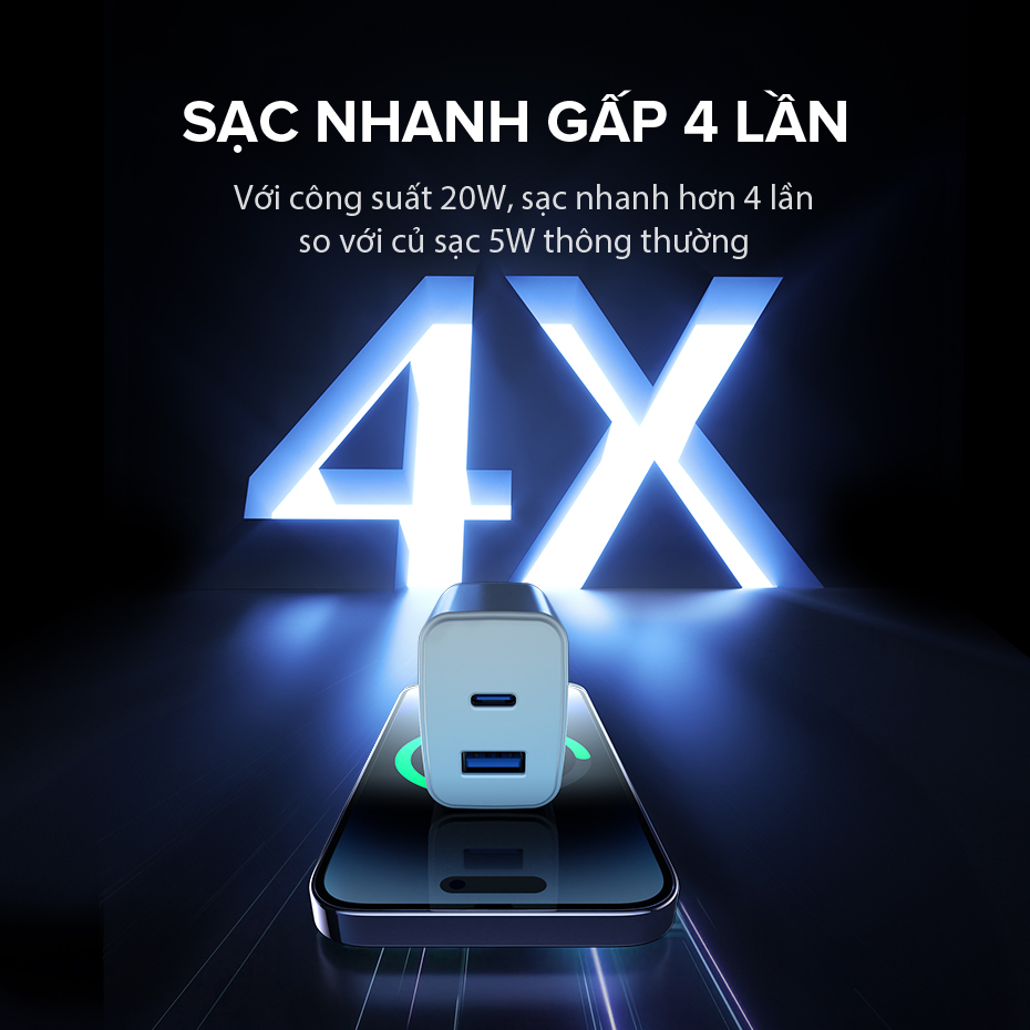 Cốc Sạc Nhanh VIVAN Power 20 II U PD 20W 3A, 2 Cổng USB/ Type-C ( Kèm cáp sạc Type-C )  - Bảo Hành 1 Năm Chính Hãng