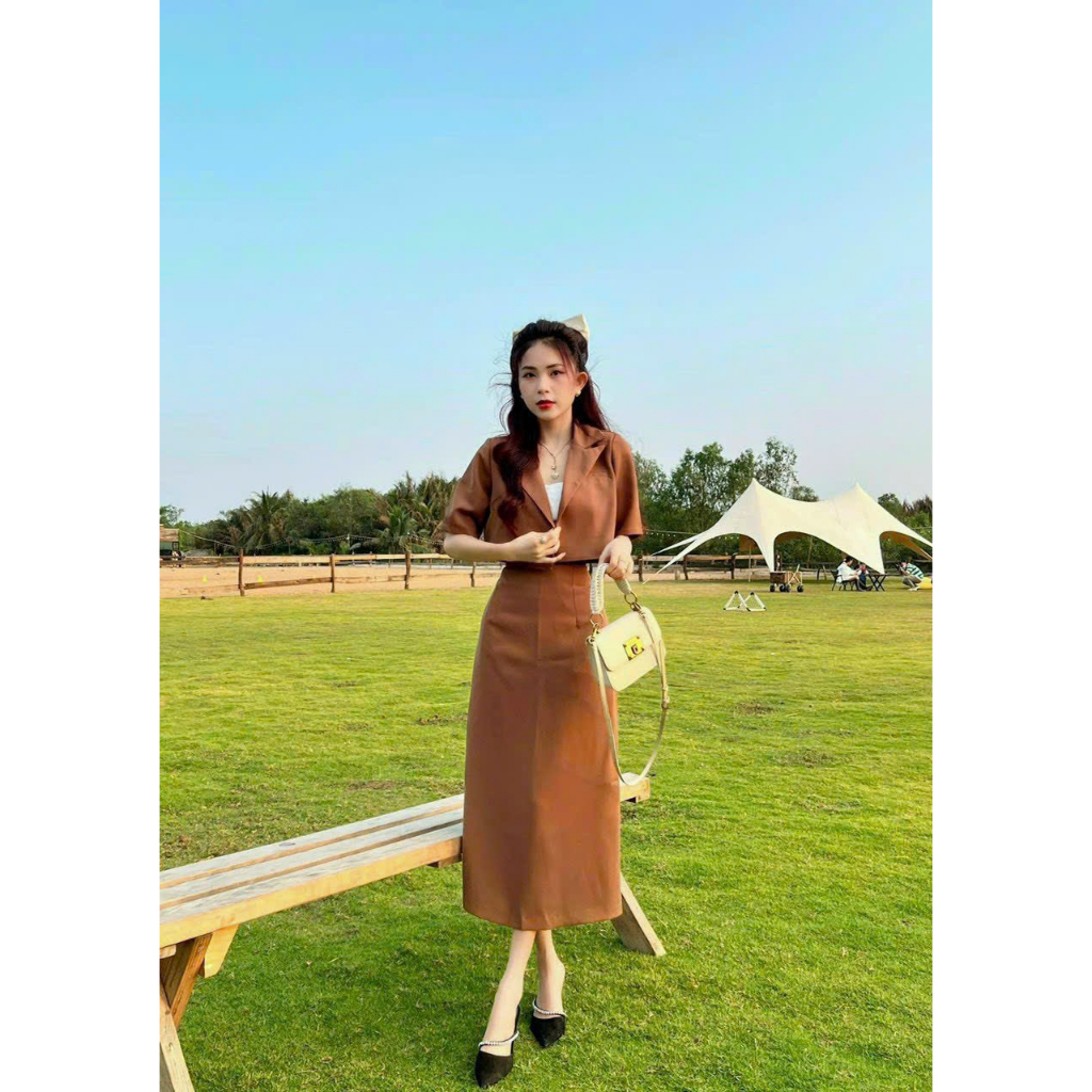 Set váy vest 3 món nữ áo crotop tay ngắn mix chân váy dáng chữ A dài thanh lịch  - SHOPNGÔ FASHION