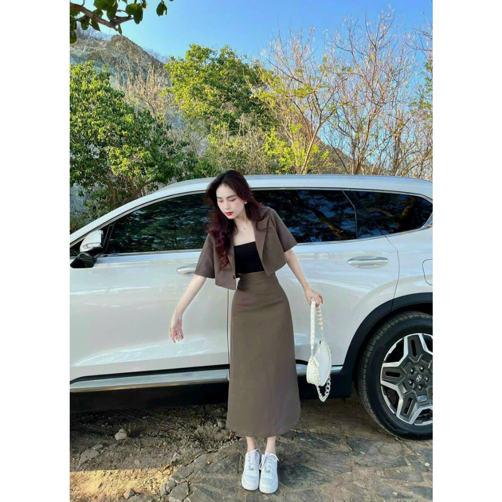 Set váy vest 3 món nữ áo crotop tay ngắn mix chân váy dáng chữ A dài thanh lịch  - SHOPNGÔ FASHION