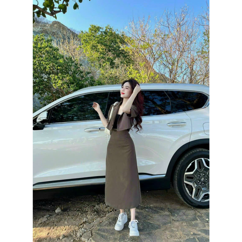 Set váy vest 3 món nữ áo crotop tay ngắn mix chân váy dáng chữ A dài thanh lịch  - SHOPNGÔ FASHION