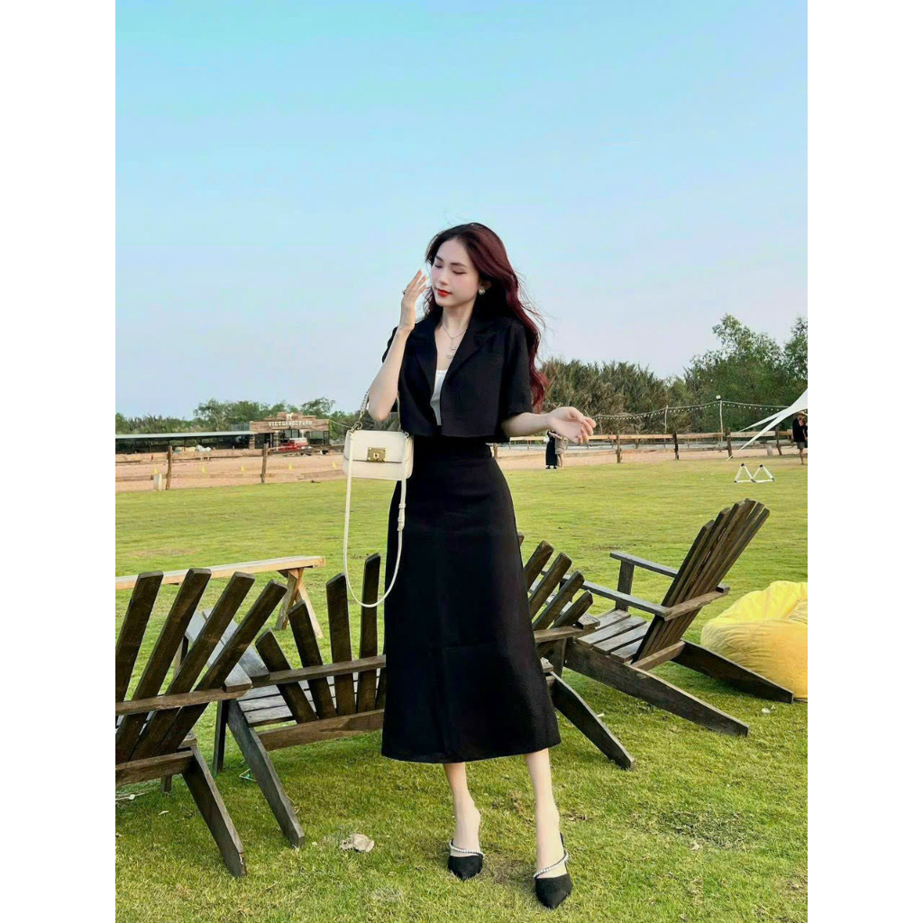 Set váy vest 3 món nữ áo crotop tay ngắn mix chân váy dáng chữ A dài thanh lịch  - SHOPNGÔ FASHION