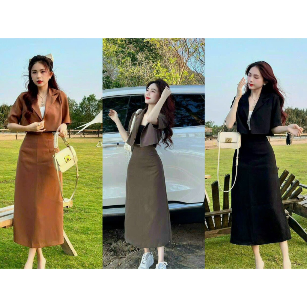 Set vest chân váy dài chữ A thanh lịch, sang trọng áo ngắn tay - Shopngoo fashion kèm 3 màu thật chính chủ