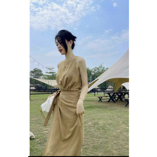 *Đầm maxi sát nách dáng dài tà đắp buộc nơ eo