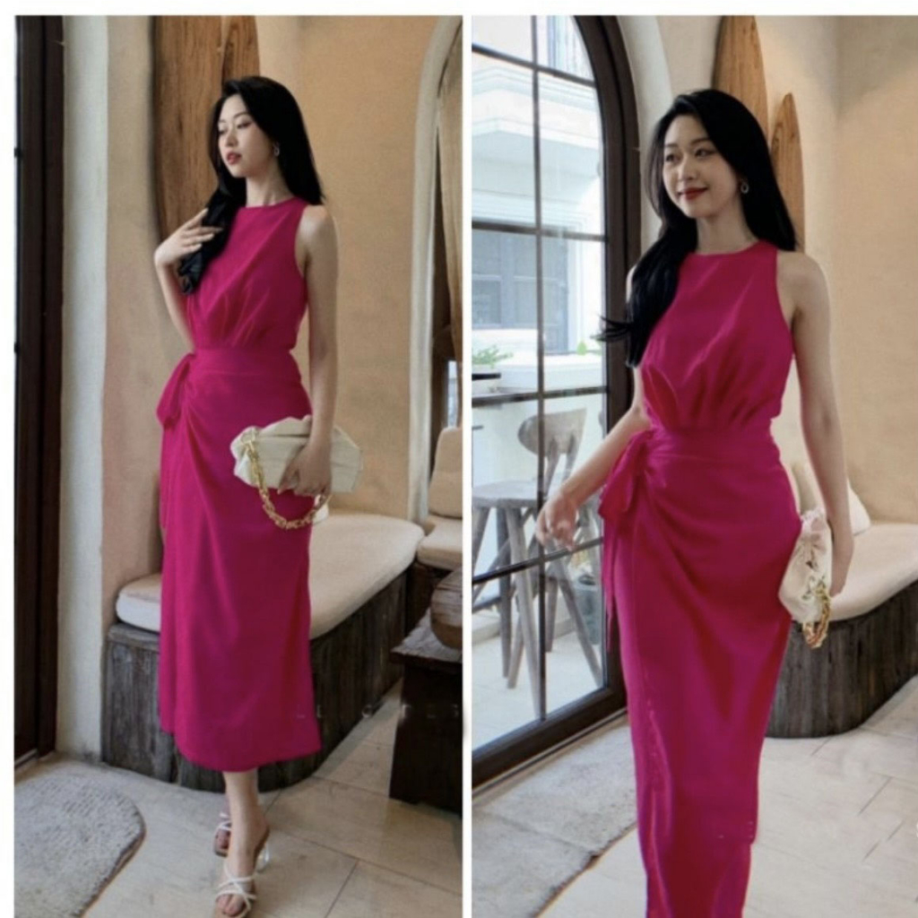 Đầm sát nách dáng dài tà đắp buộc nơ eo