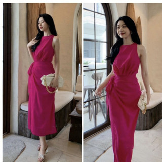 .Đầm maxi sát nách dáng dài tà đắp buộc nơ eo