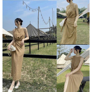 *Đầm maxi sát nách dáng dài tà đắp buộc nơ eo