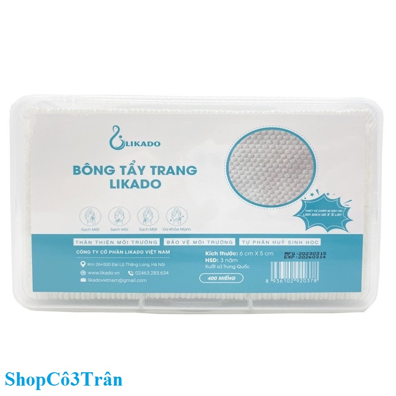 BÔNG TẨY TRANG LIKADO DẠNG HỘP 400 MIẾNG có ô dập nổi size 6x5 cm